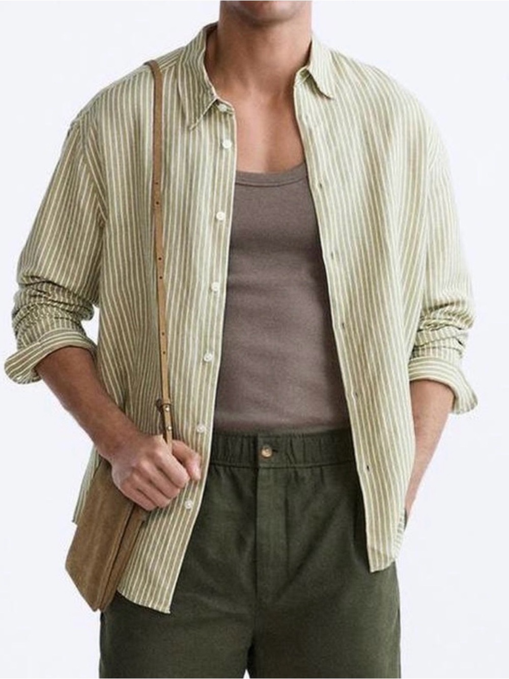 ZARS MENS Light Olive linen Striped Button-Up Shirt
